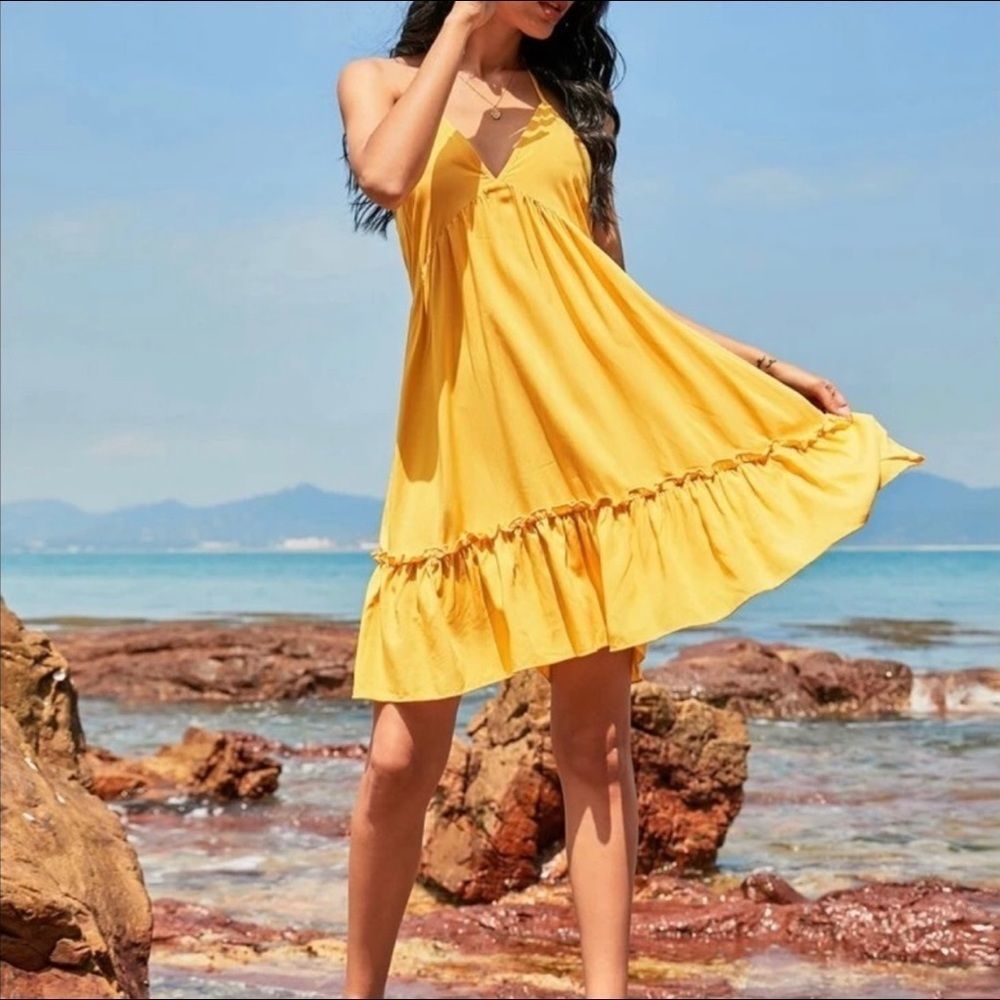 New! Bright Yellow Halter Open Back Ruffle Dress - Picture 3 of 6